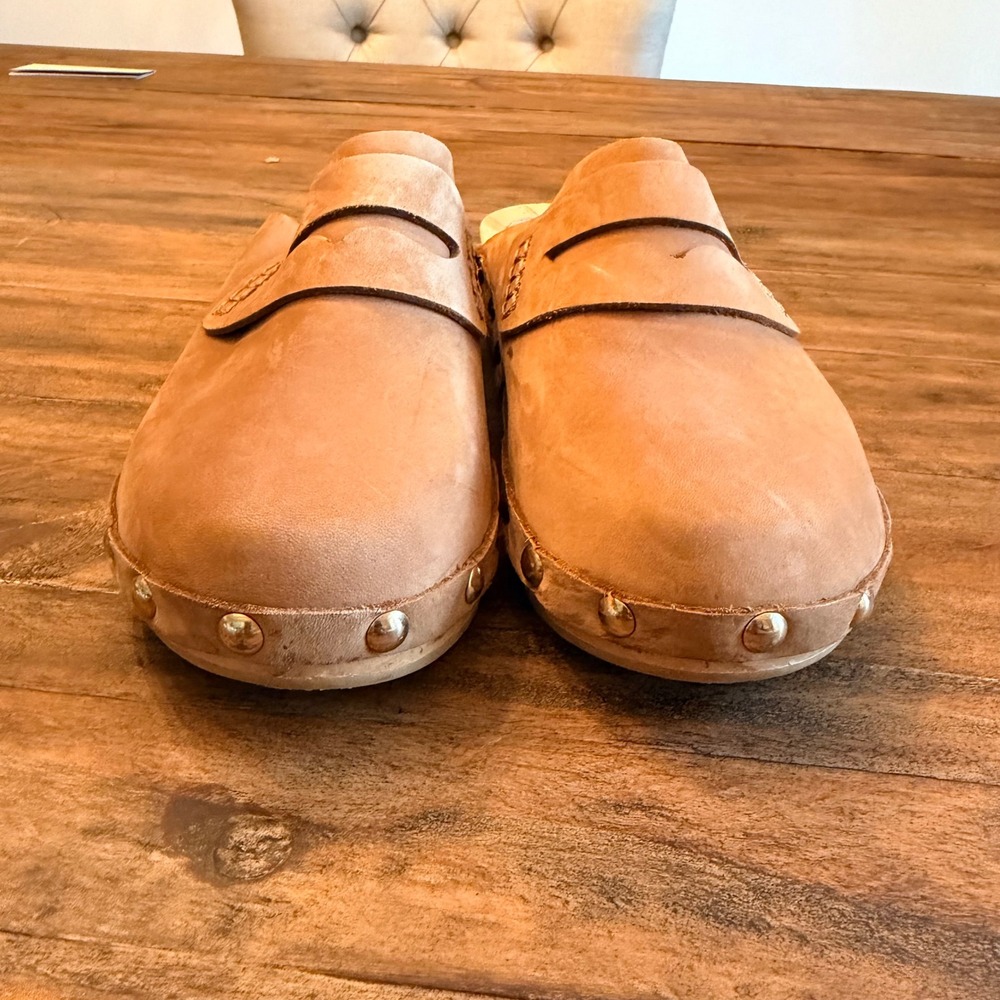 Boden Tan Leather Penny Loafer Clogs Wooden Platform Studded Mules Womens 39 - Picture 2 of 7